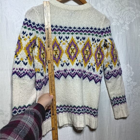 Talbots Sweater XS Cream Yellow Purple Nordic Fair Isle Crew Neck Wool Blend - Picture 9 of 9
